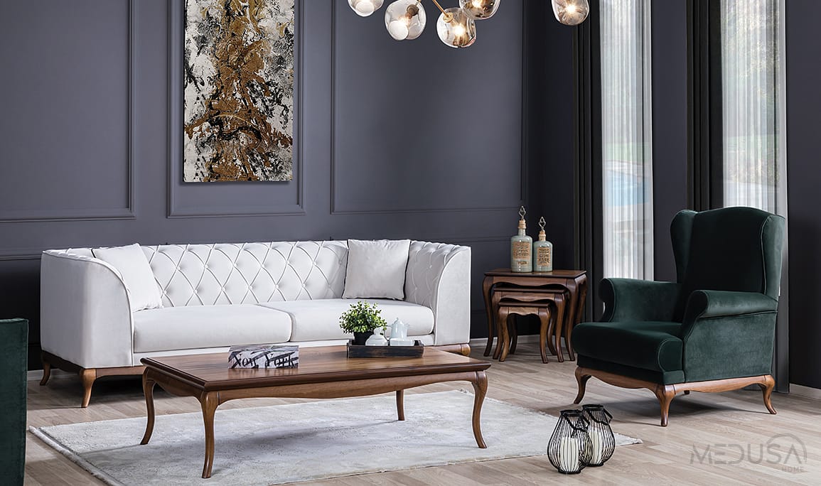 Art Walnut Beyaz Üçlü Koltuk