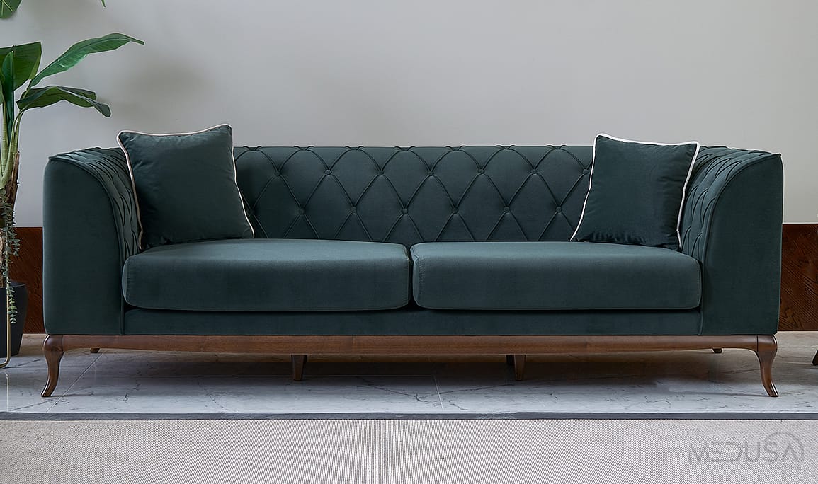 Art Walnut Yeşil Üçlü Koltuk