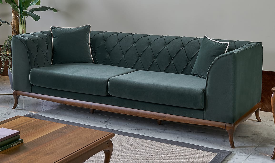Art Walnut Yeşil Üçlü Koltuk