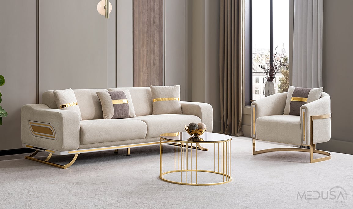 Bella Luxury Krem Üçlü Koltuk