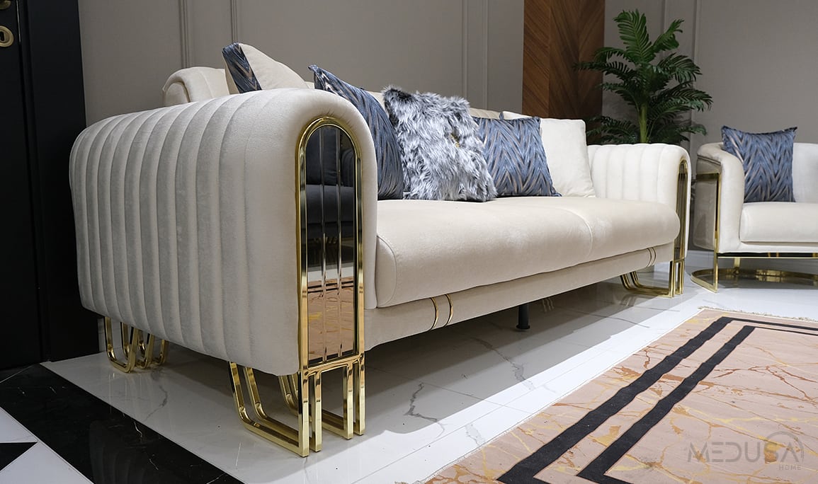 Lotus Luxury Krem Üçlü Koltuk
