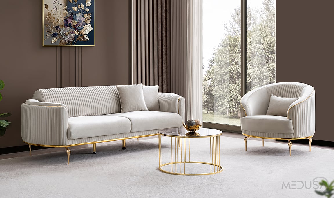 Prestij Luxury Beyaz Üçlü Koltuk