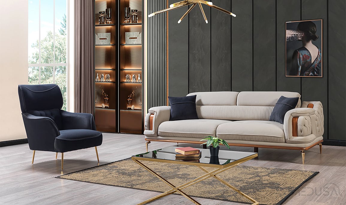 Star Luxury Krem Üçlü Koltuk